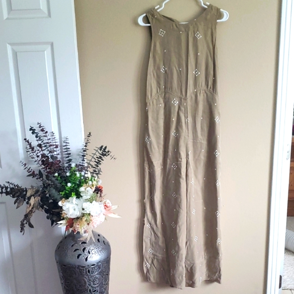 Sancia Brand Chic Sleeveless Tan Jumpsuit with Embellishments